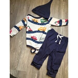 Baby Boys Girls Transportation Car Bus Truck Bodysuit Pants Hat Set 6-9M